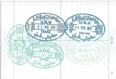 Border crossing stamps in the travel passport from Arabic