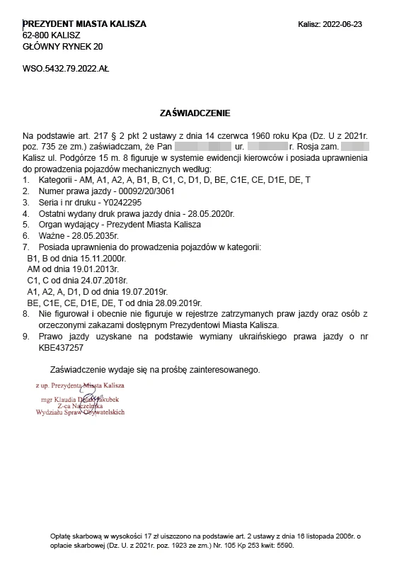 Driver's record from Polish