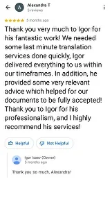 Google review from a client of Igor Isaev, screenshot 1
