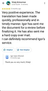 Google review from a client of Igor Isaev, screenshot 2