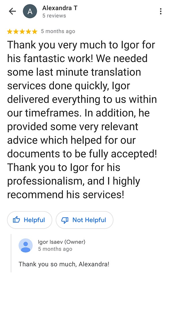 Google review of Igor Isaev certified translation