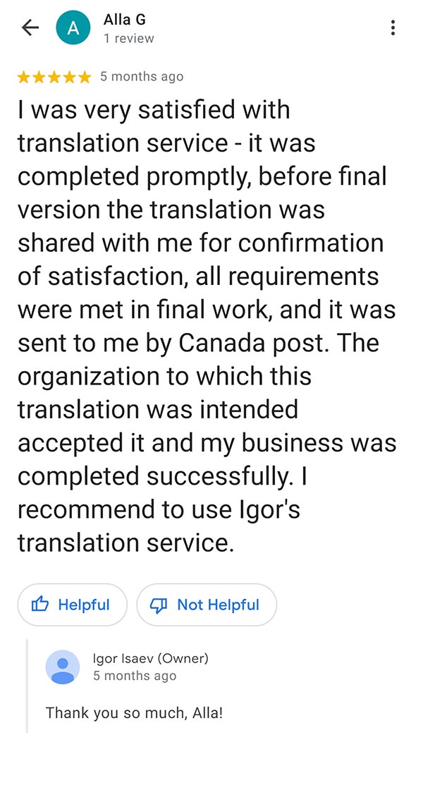Google review of Igor Isaev certified translation