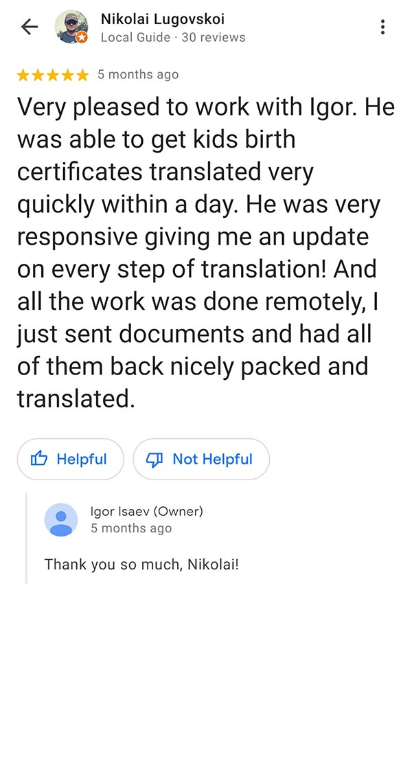 Google review of Igor Isaev certified translation