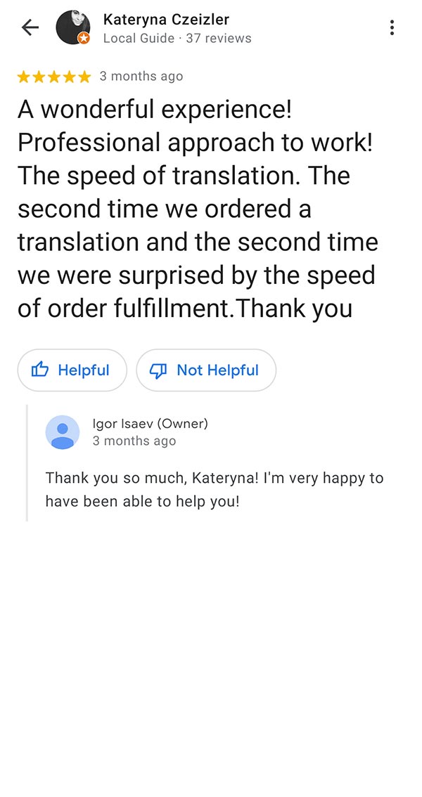 Google review of Igor Isaev certified translation
