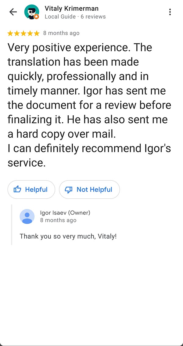 Google review of Igor Isaev certified translation
