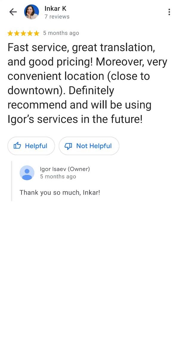 Google review of Igor Isaev certified translation