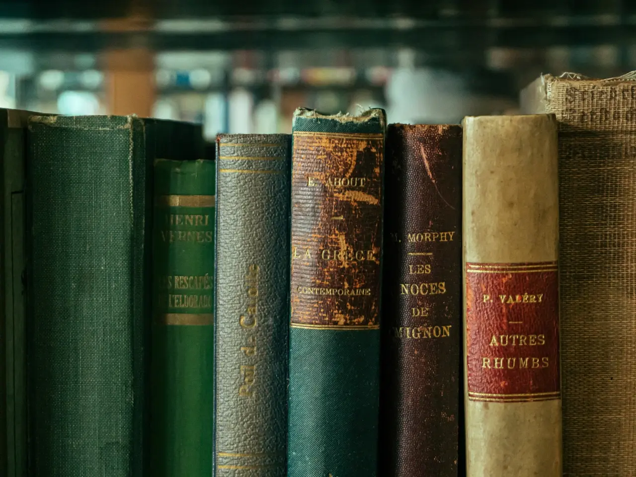 Row of vintage French-language books, representing French translation, literature, and linguistic heritage.