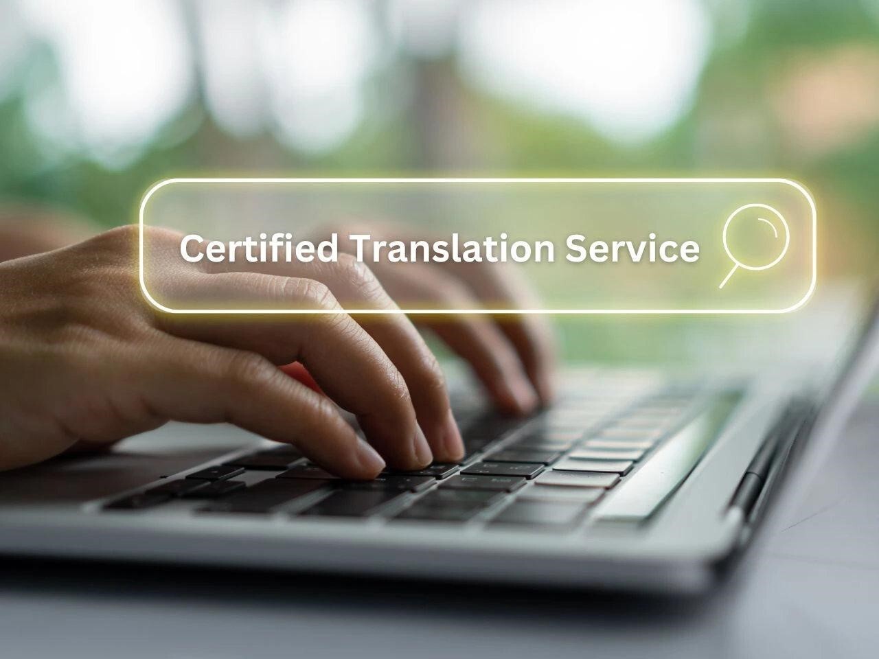 Hands typing on a laptop with the text “Certified Translation Service” overlaid, representing online access to certified translation services.