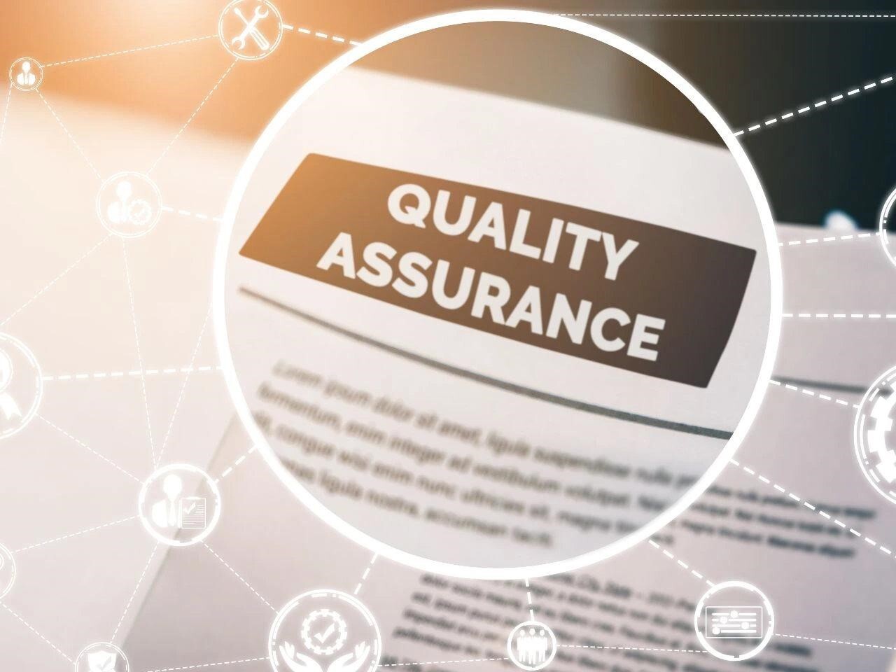 Document with the heading “Quality Assurance” under a magnifying interface, symbolizing accuracy and reliability in certified translation services.