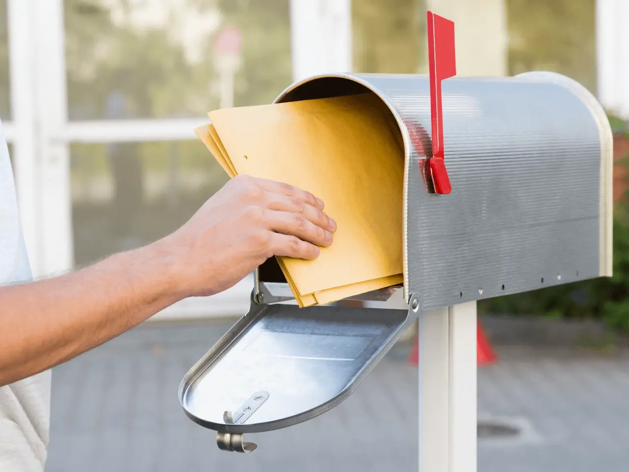 Person placing official documents into a residential mailbox — birth certificate delivery or mailing concept.