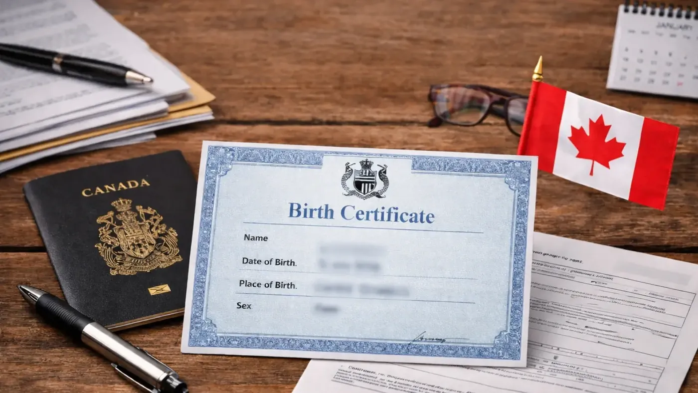 Ontario birth certificate displayed with Canadian passport and documents on a desk.