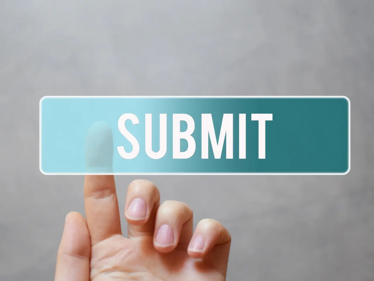 Finger pressing a digital “Submit” button, representing the online submission of certified document translation requests.
