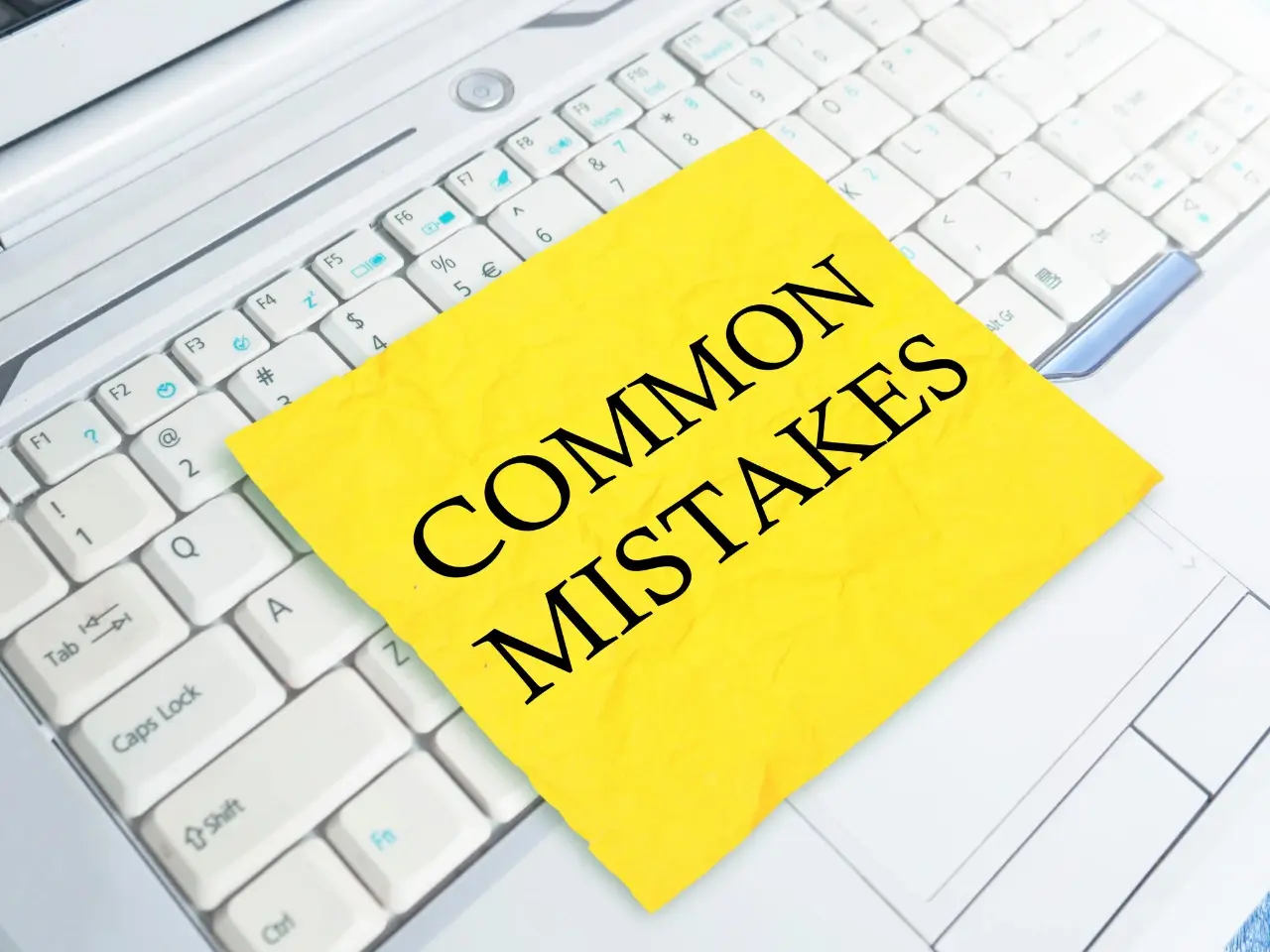 Yellow sticky note with the words “Common Mistakes” placed on a white computer keyboard, highlighting frequent errors in document translations.