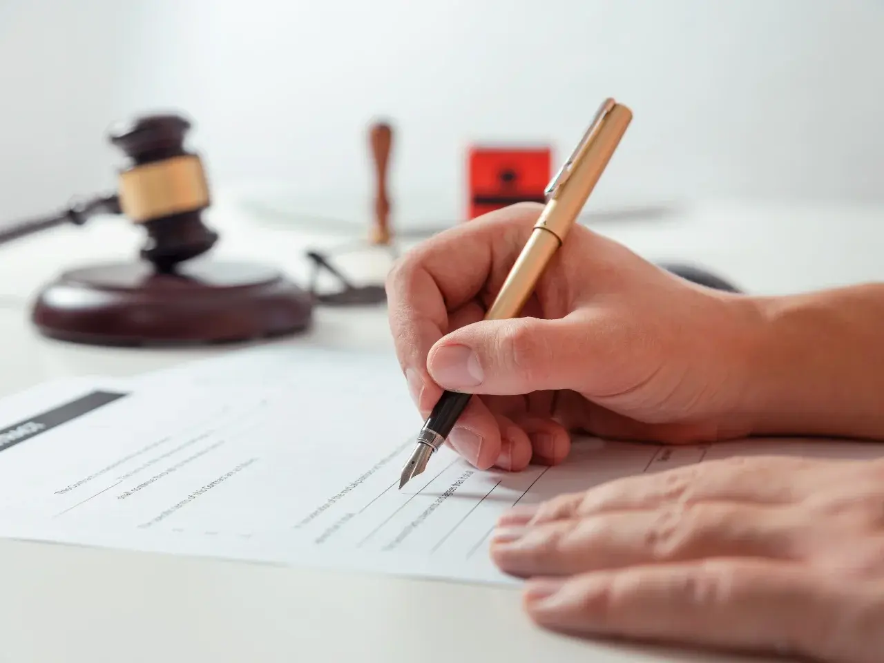 Person signing a legal document in front of a notary public, showing the process of getting a document notarized in Canada.