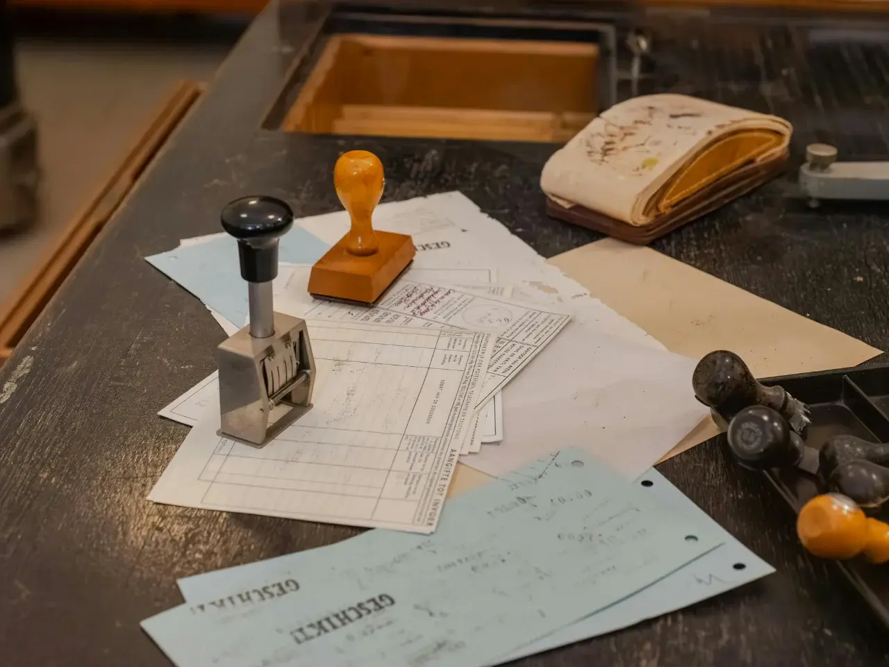 Stamped official documents and notary tools on a desk, representing document authentication and embassy legalization for international use.