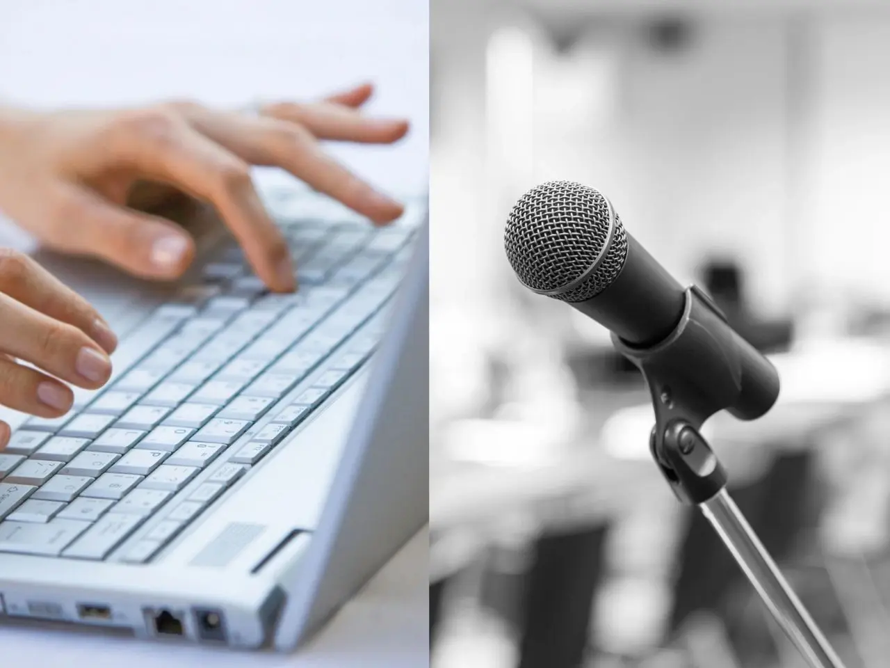 Split image showing hands typing on a laptop and a microphone on a stand, representing both written translations and spoken interpretation services.