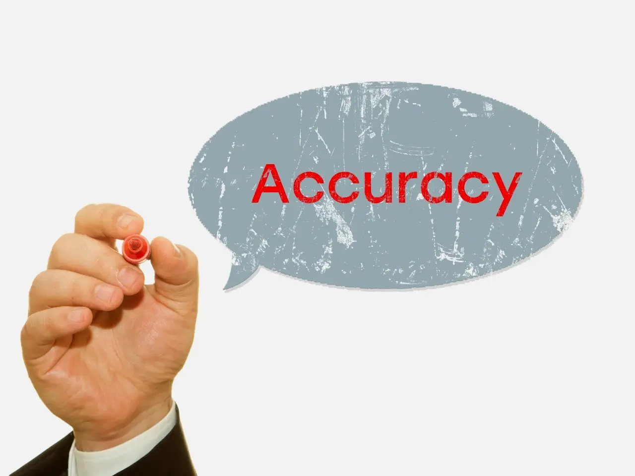 Hand holding a red marker with the word “Accuracy” in a speech bubble, emphasizing the importance of precision in certified translations.