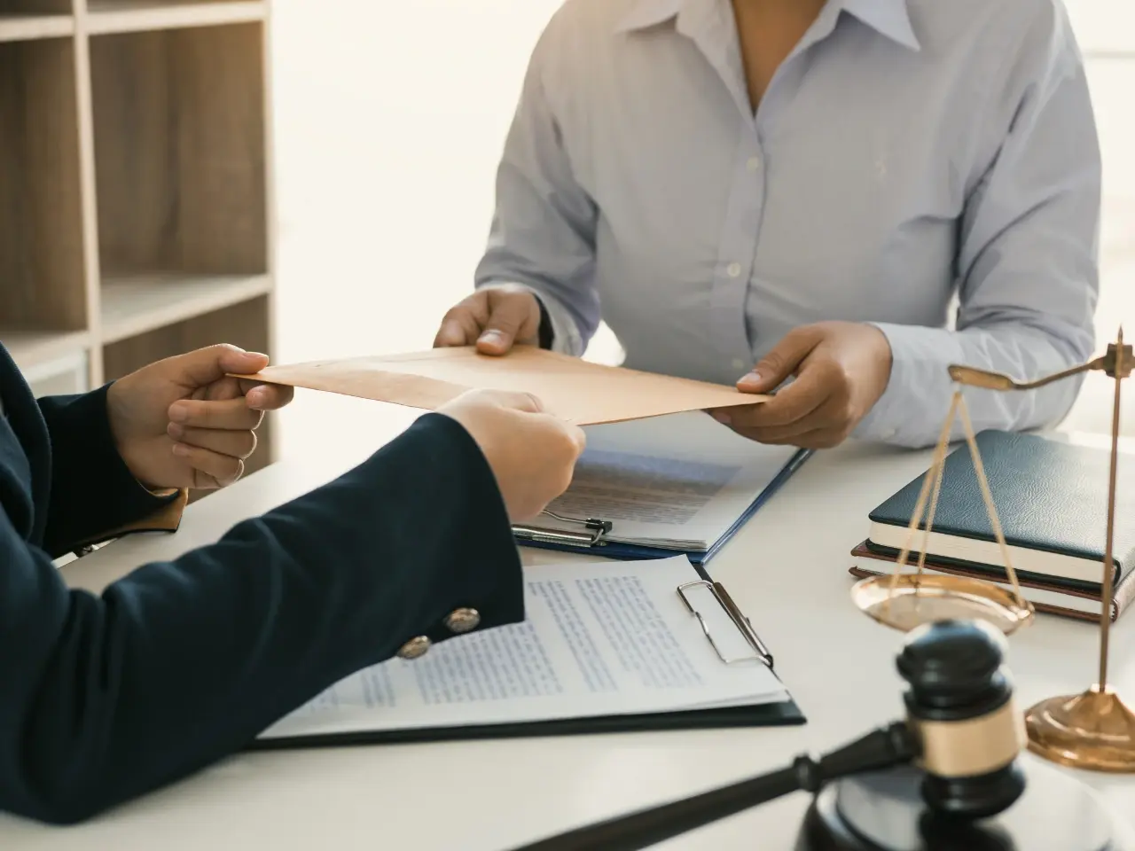 Two people exchanging a brown envelope across a desk with legal documents, gavel, and justice scales, symbolizing document legalization or official legal services.