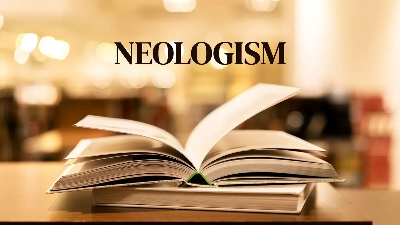 An open book with pages fanned out lies on top of a closed book on a wooden table, with the word “NEOLOGISM” prominently displayed above against a softly blurred background of warm lights.