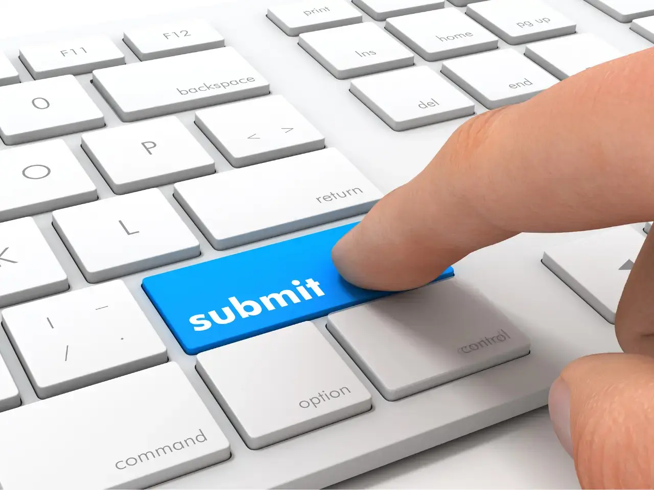 Finger tapping a keyboard submit button symbolizing submitting a request to the CRA for a tax residency certificate through mail, fax, or online services.