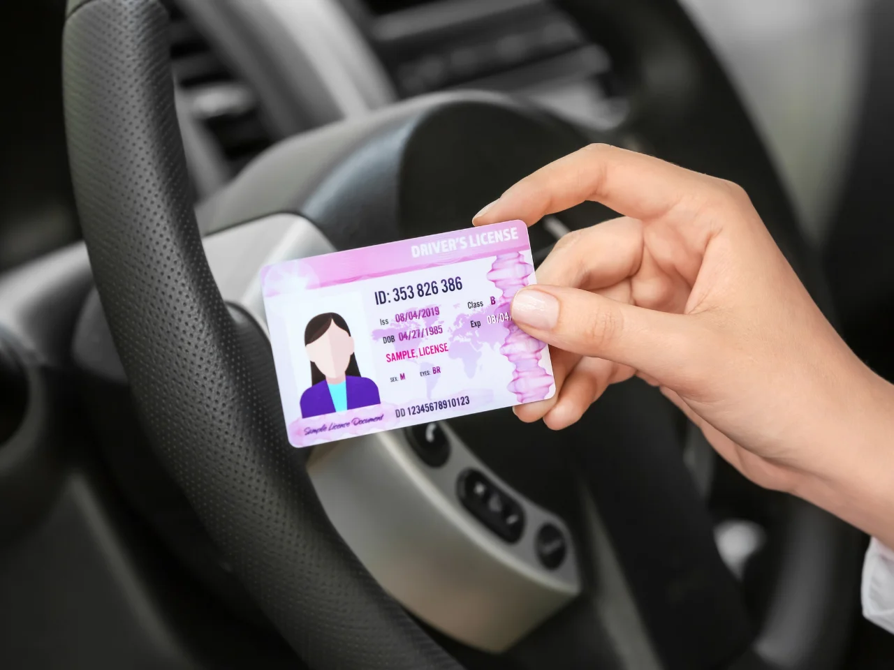 Hand holding a driver's licence inside a vehicle, representing a successfully completed Quebec driver's licence application.