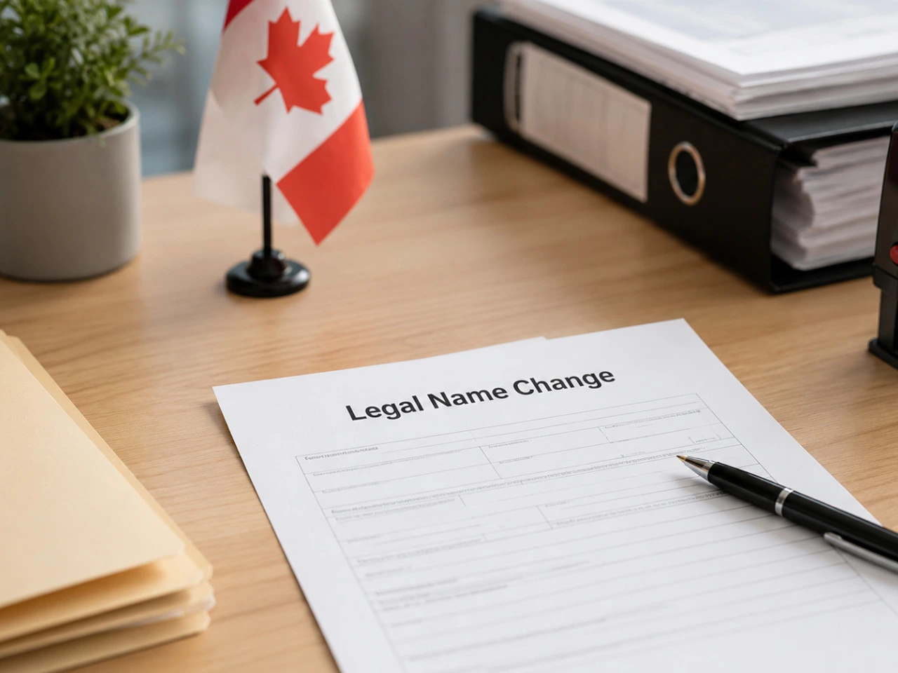 Legal name change application with Canadian flag and supporting documents.