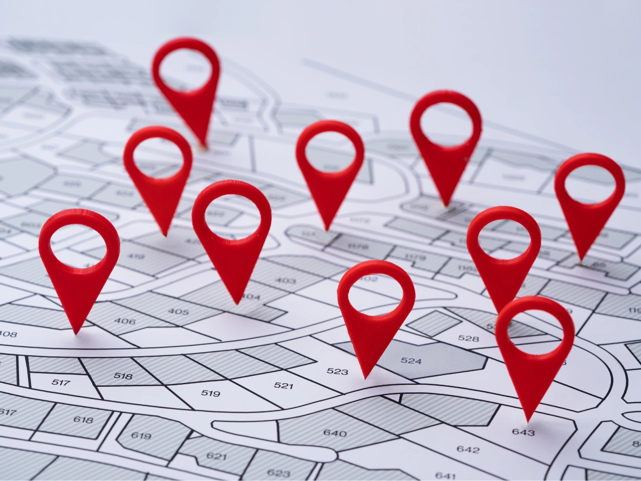 Map with multiple location markers representing target markets.