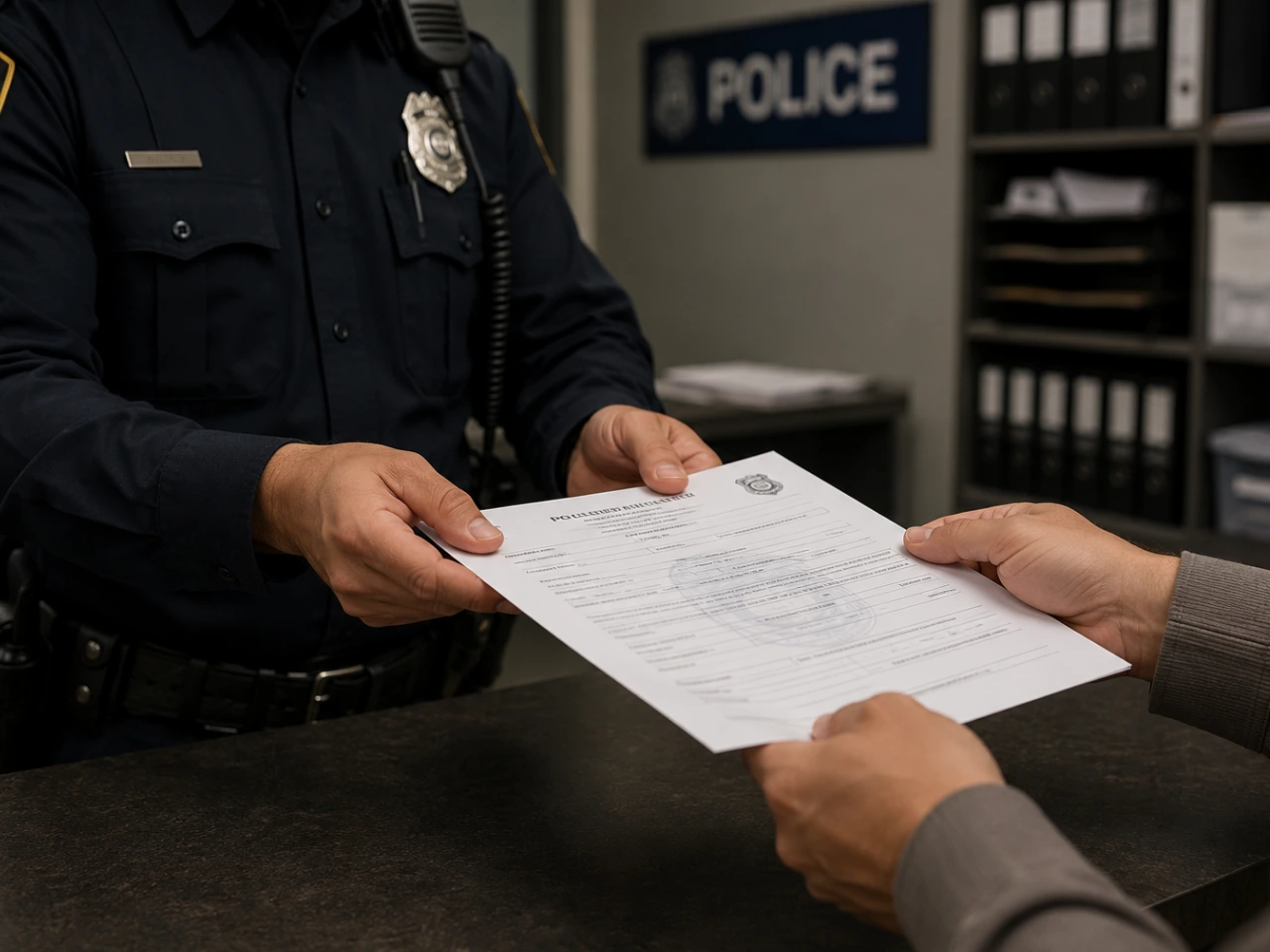 Police officer issuing a police clearance certificate to an applicant