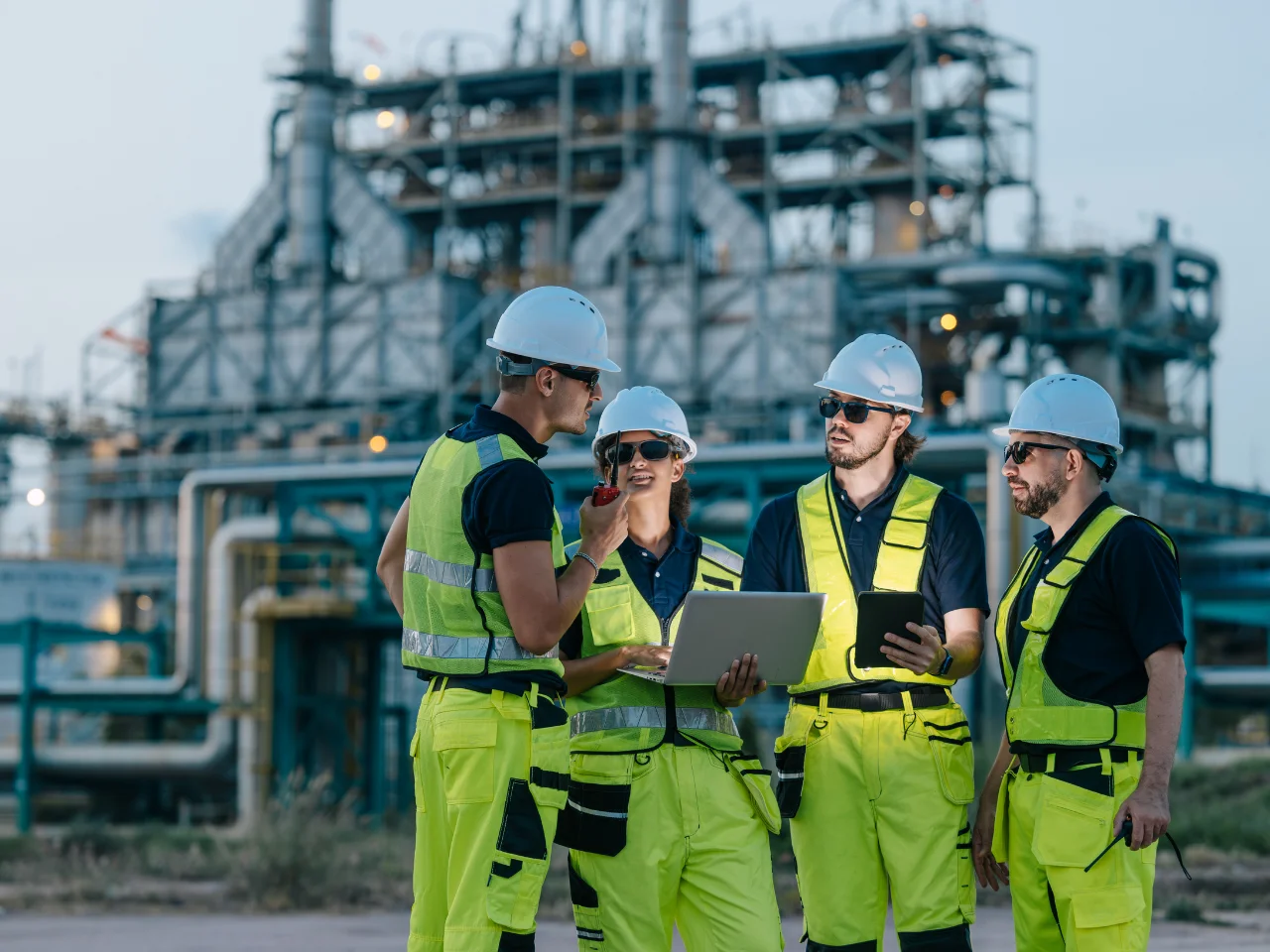 Engineering team discussing a project at an industrial construction site.
