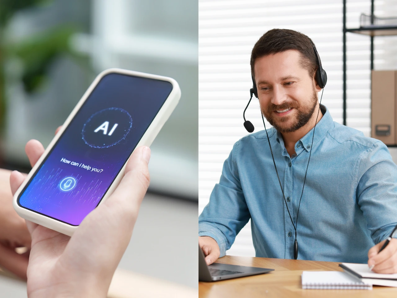 A smartphone showing an AI translation app on one side, and a human translator on the other.