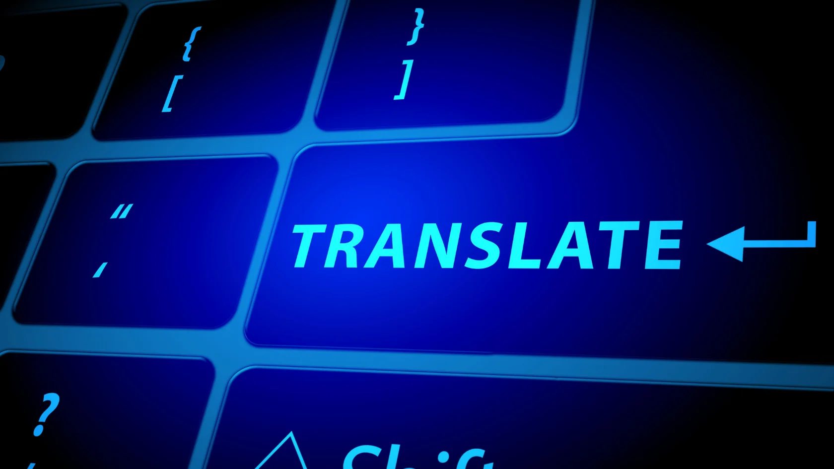 Close-up of a computer keyboard with a translate key representing machine translation and AI-powered language translation.