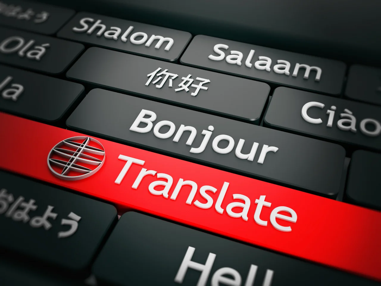 Keyboard with multilingual greetings representing machine translation.